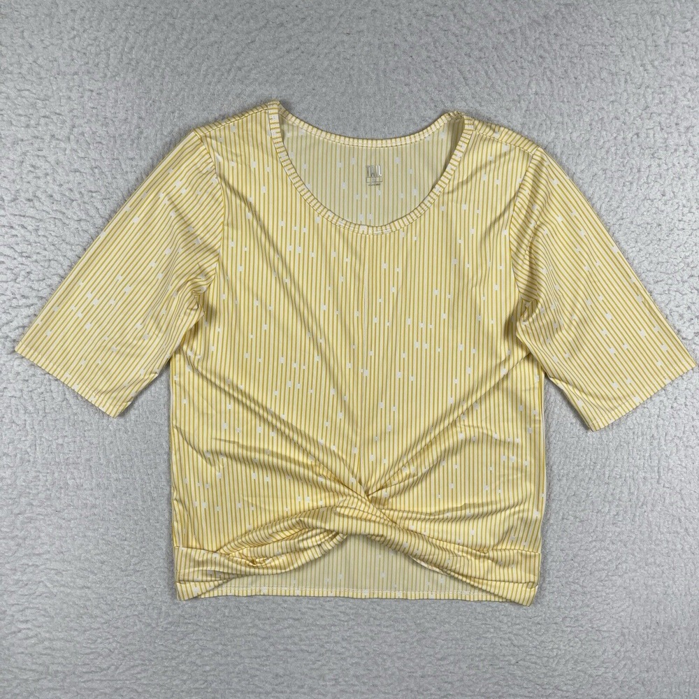 Tail Shirt Womens Medium Yellow White Stripes Camille Curved Front Hem Drape Top